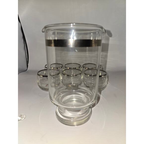 MCM Silver Band Barware Set 1 Pitcher 6 Roly Poly Glasses Vintage - Picture 6 of 10